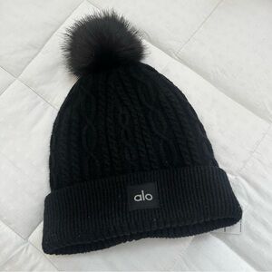 ALO Yoga Black Cable Knit Beanie with Pom